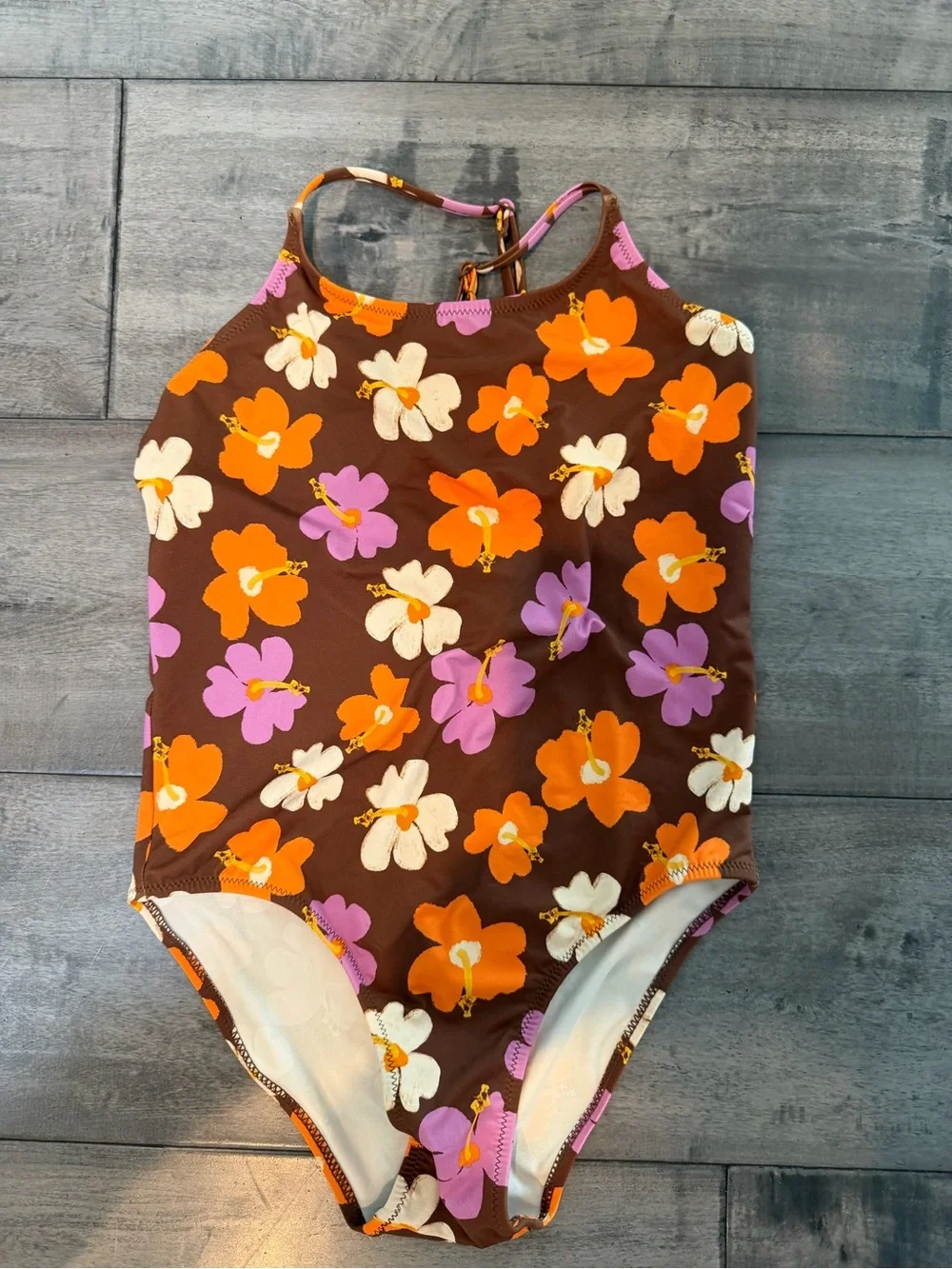 NWT Zara Kids Girls One-Piece Swimsuit Floral Brown Orange & Pink. Size 13-14.